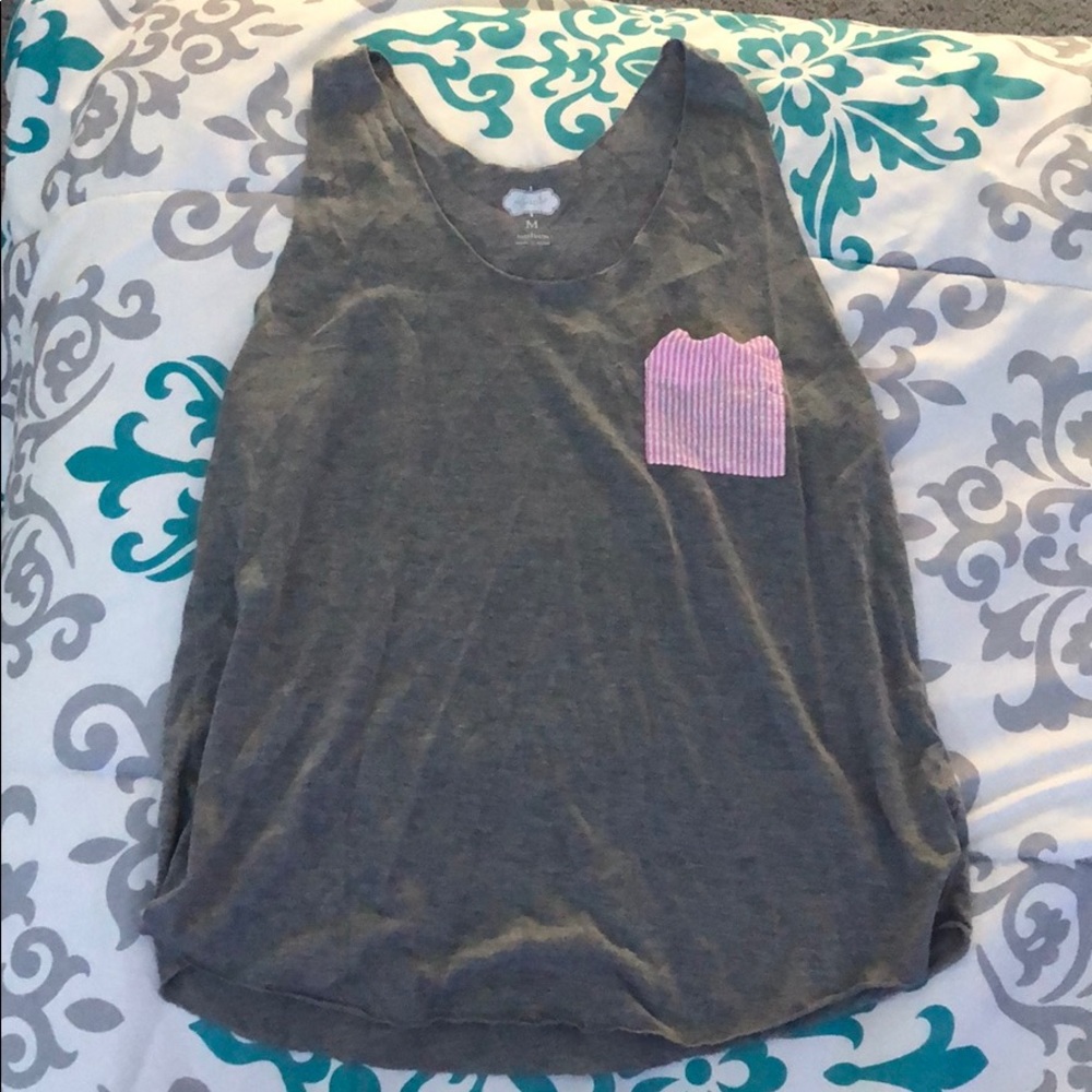 grey tank with pink and white stripped pocket